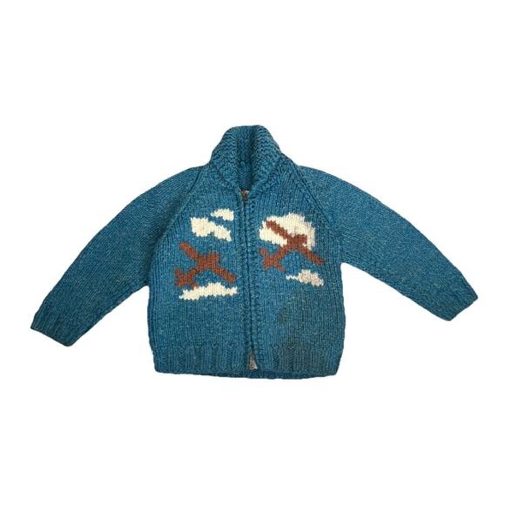 Vtg 60s Child Boys Cardigan Sweater Airplanes Cloud Size Small See Measurements